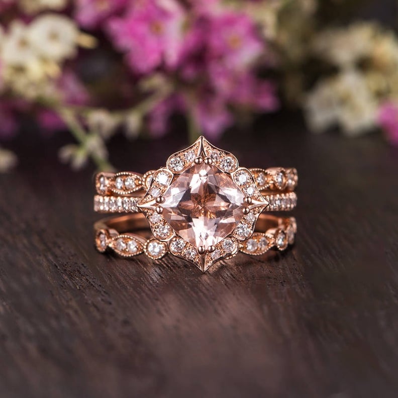 Three Piece Rose Gold Cushion Cut Morganite Diamond Art Deco Engagement Ring Set