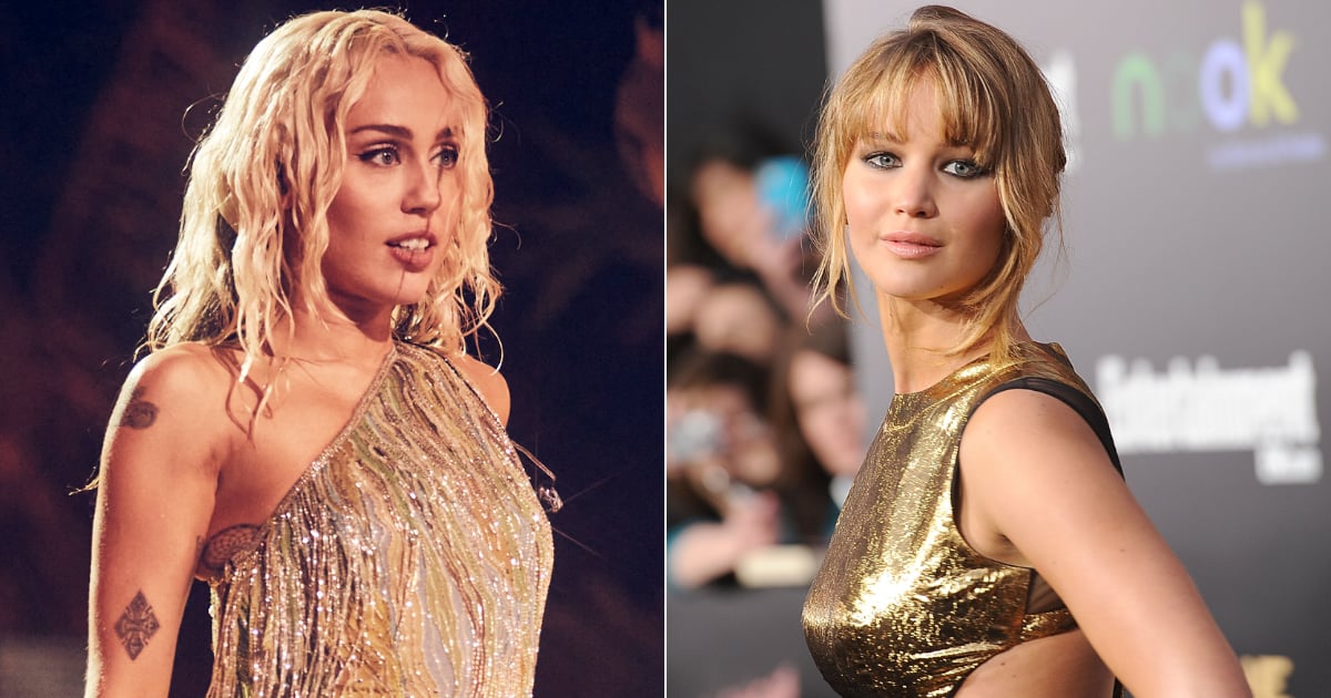 Miley Cyrus and Jennifer Lawrence Gold Dresses POPSUGAR Fashion