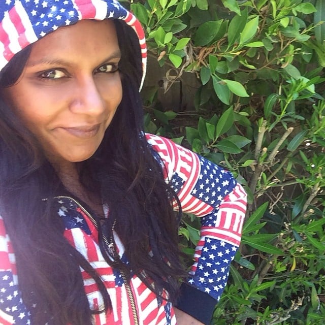 Mindy Kaling covered up in a sweatshirt with stars and stripes.
Source: Instagram user mindykaling