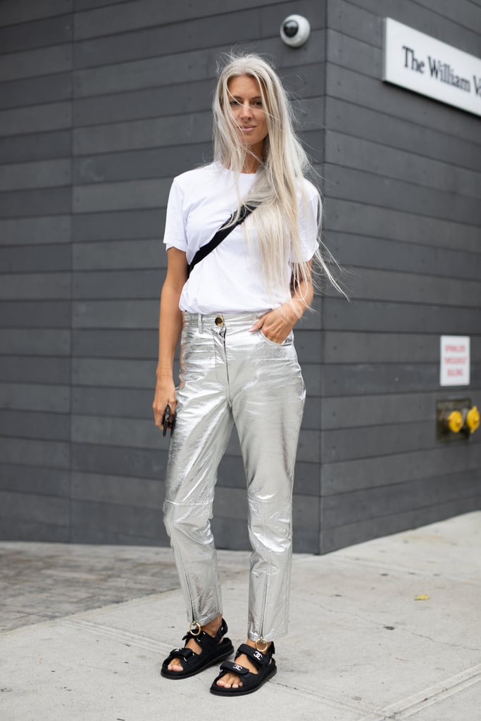 Metallic pants feel "chill" when a t-shirt and slides are part of the equation.