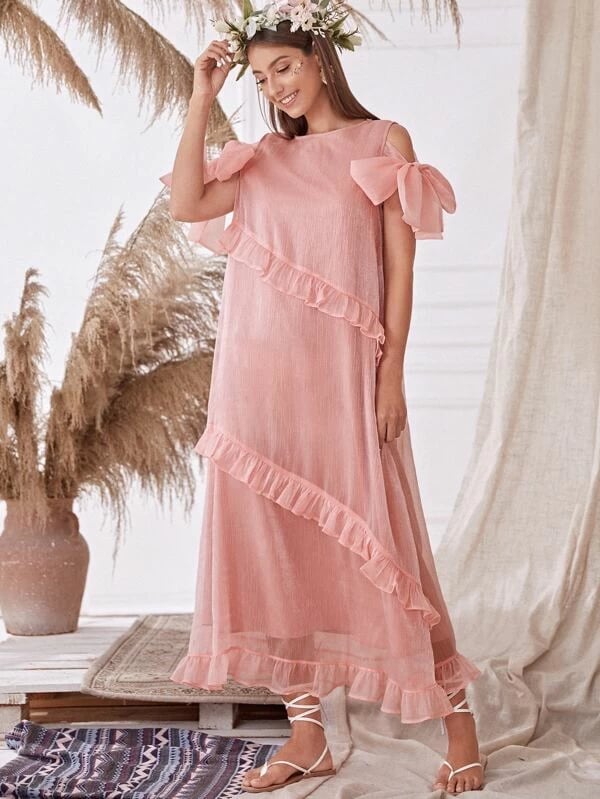 Shein Knot Detail Ruffle Trim Organza Overlay Dress