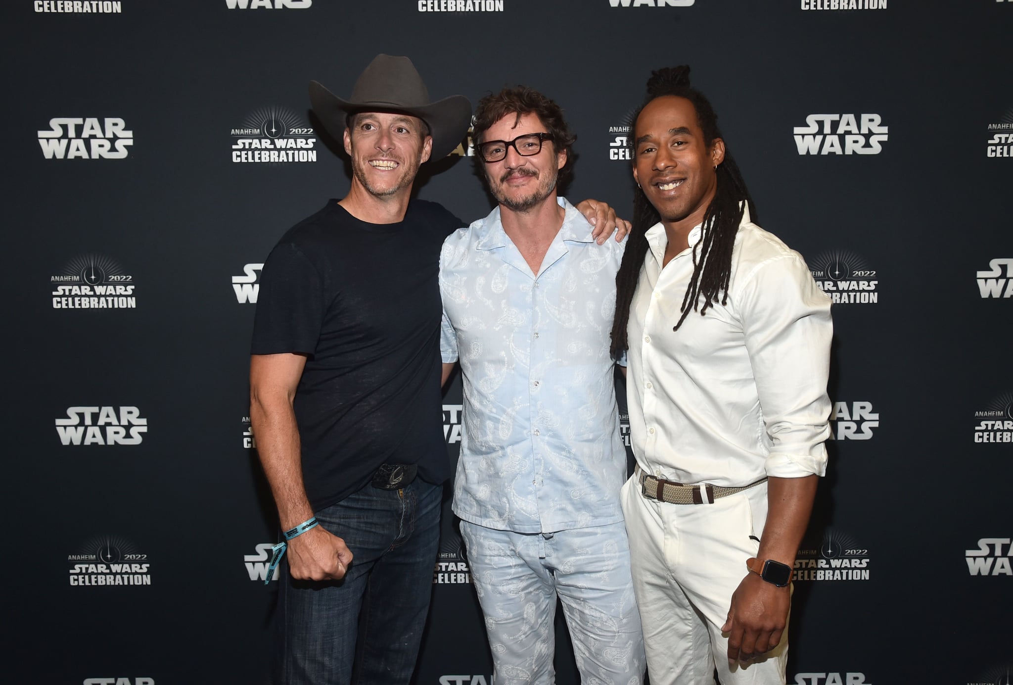 ANAHEIM, CALIFORNIA - MAY 28: (L-R) Brendan Wayne, Pedro Pascal, and Lateef Crowder attend the panel for