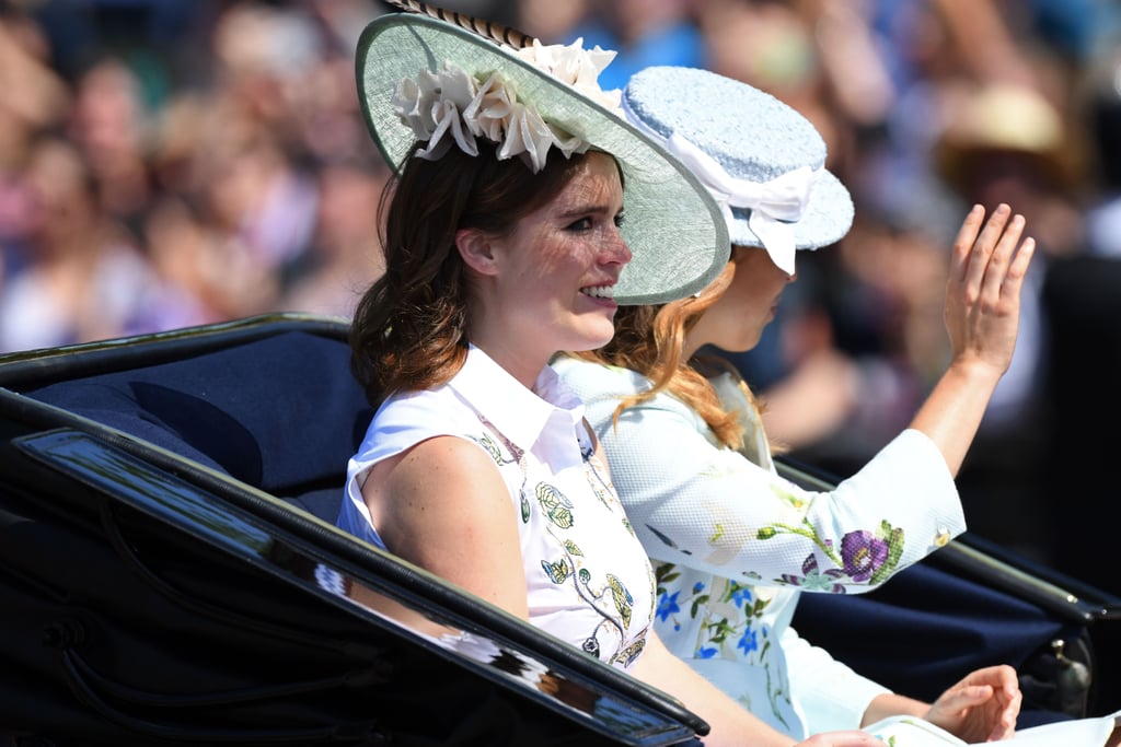 Eugenie and Beatrice were all smiles while travelling in a horse-drawn carriage during Trooping the Colour in 2017.