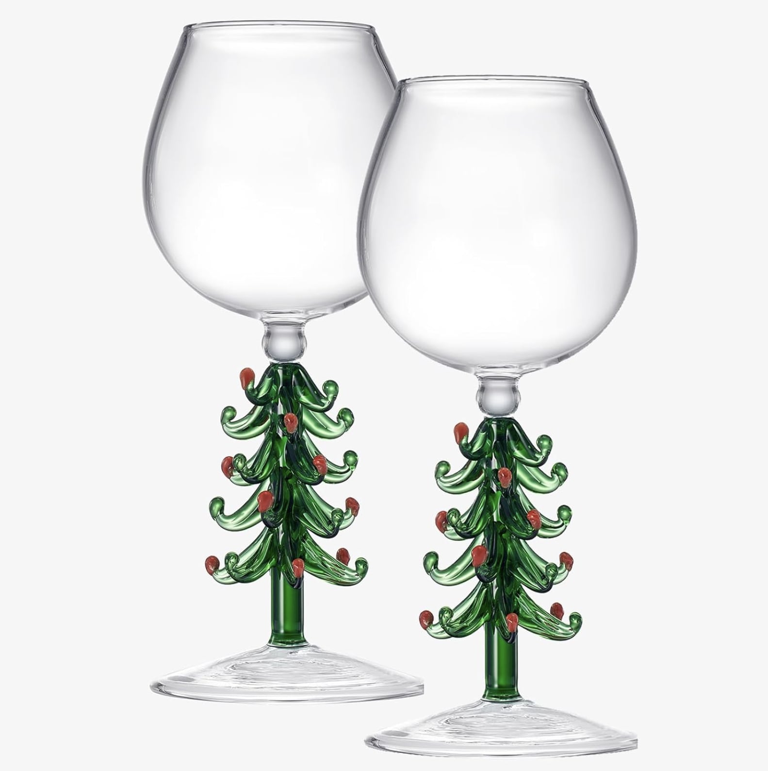 Winter Tree Design Stemmed Wine Glasses Set Of 2, 17.5oz Elegant Red Green Yellow Silver Drinkware, Decorative Glassware For Party Wedding Entertaining Table Display - View #6