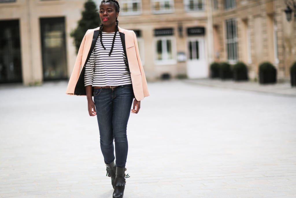 A cream -coloured blazer is smart over a striped tee and jeans.