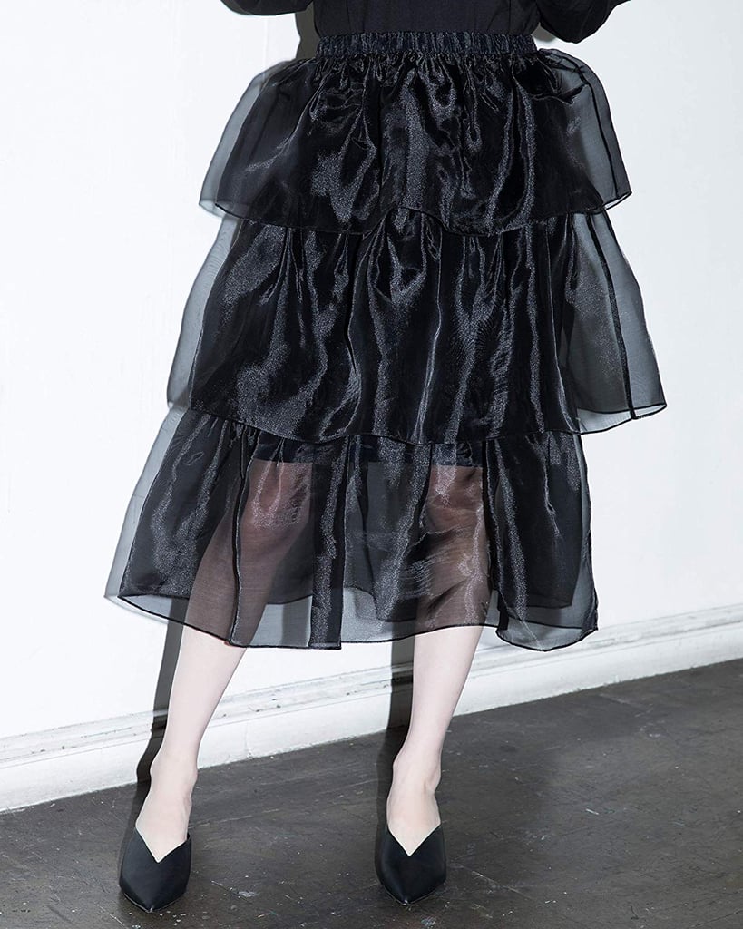 The Drop Women's Black High Rise Sheer Organza Tiered Midi Skirt by @emisuzuki