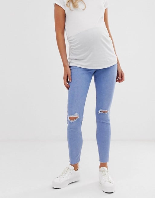 New Look Maternity Over Bump Ripped Jeans in Light Blue