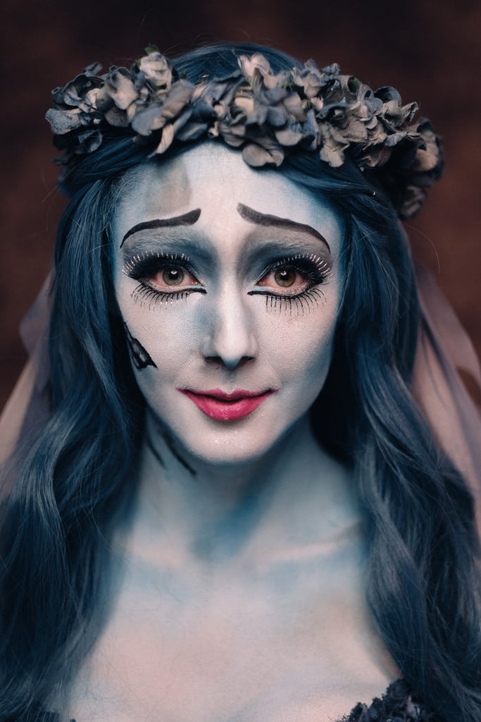 This Corpse Bride looked even more cartoonish thanks to the placement of false lash strips on her lower lids.