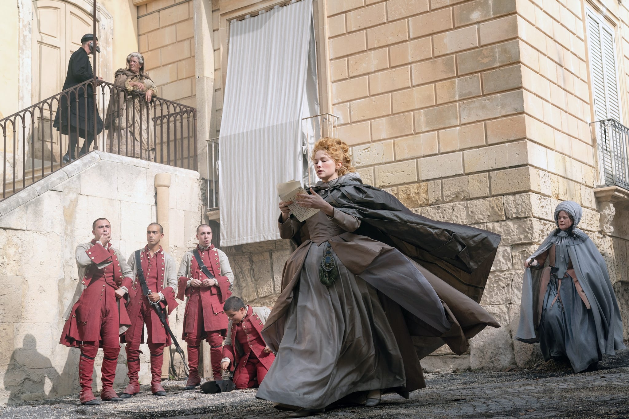 CYRANO, from left: Haley Bennett (center), Monica Dolan (right), 2021. ph: Peter Mountain / MGM / Courtesy Everett Collection