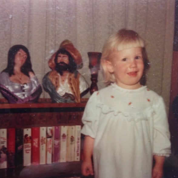 "Heeeeeey...it's me here, just posing in front of my Mom's romance novel collection.. #shealsomadethosebustswhichiassumearecharactersfromoneofthebooks #tbt"