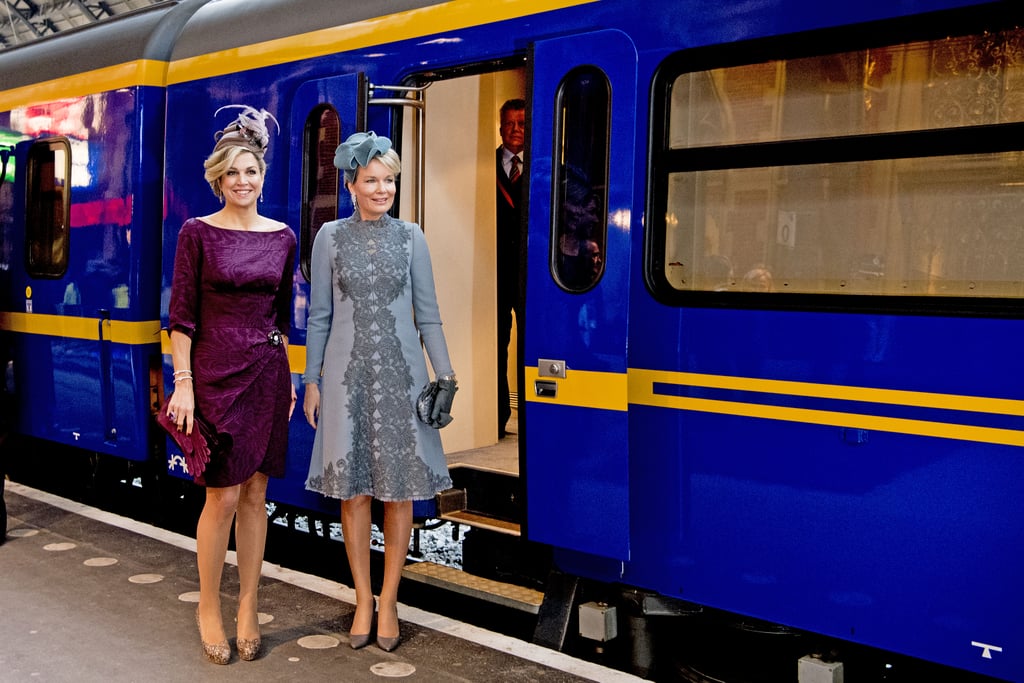 Queen Máxima and Queen Mathilde of Belgium at the train station in Utrecht, The Netherlands.