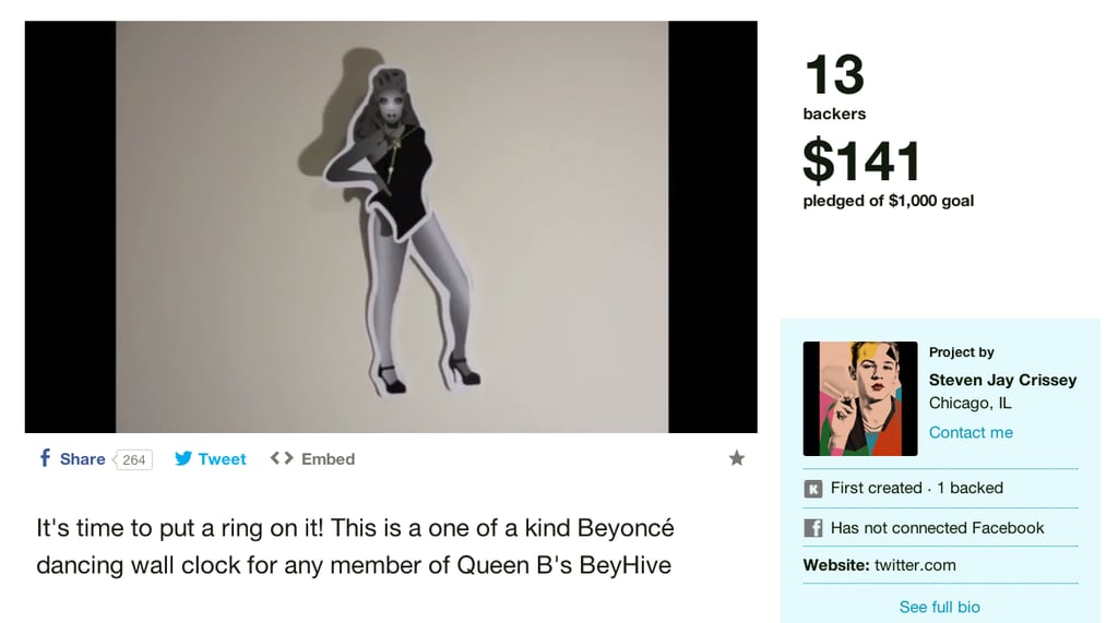 <a href="http://www.kickstarter.com/projects/beyonce/beyonce-dancing-wall-clock?ref=live">Beyoncé Dancing Wall Clock</a>