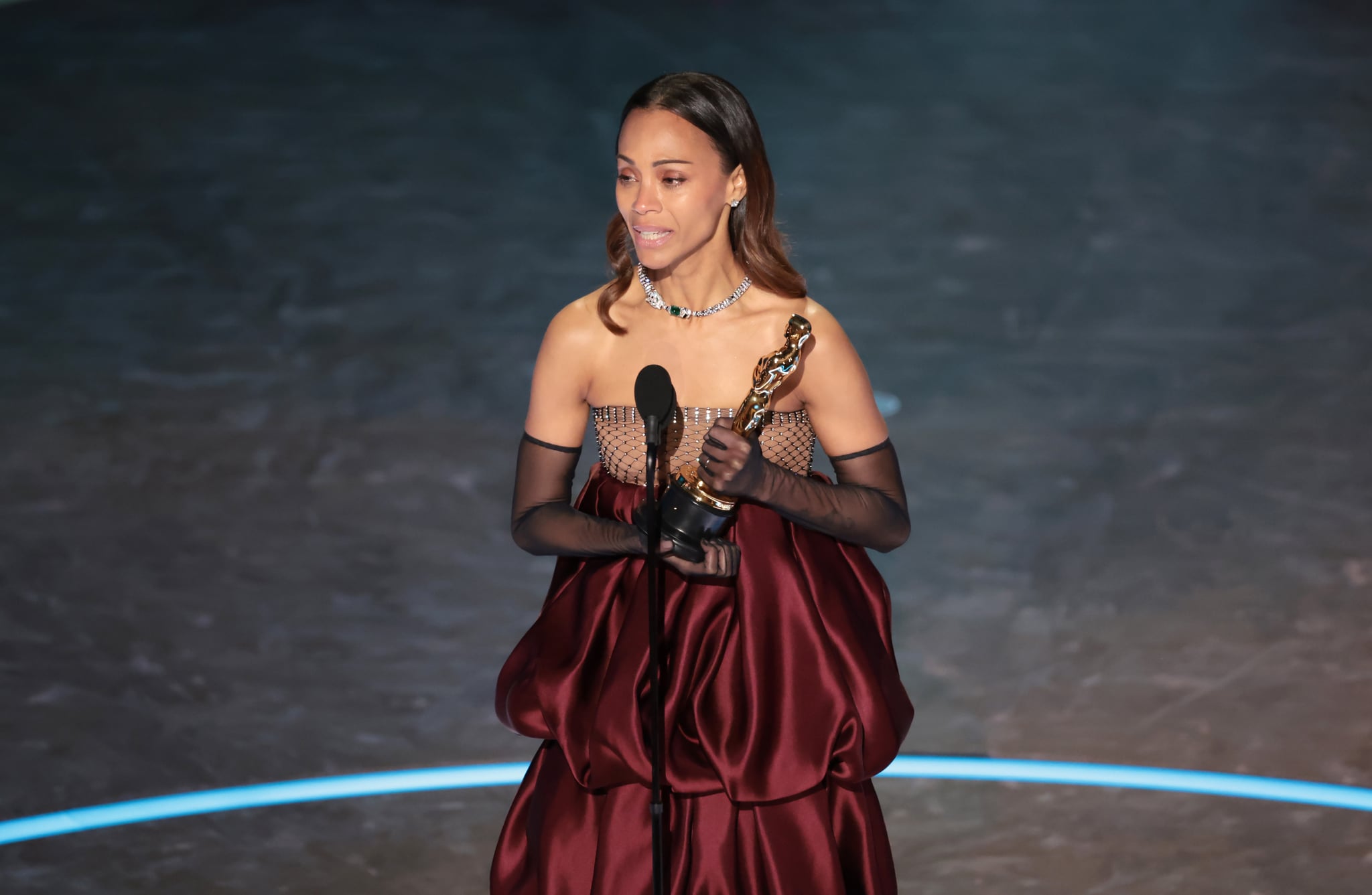 Los Angeles, CA. March 2, 2025: Zoe Saldana at the 97th Academy Awards (Oscars) at the Dolby Theatre on March 2, 2025 in Los Angeles, CA. (Myung J. Chun / Los Angeles Times via Getty Images)