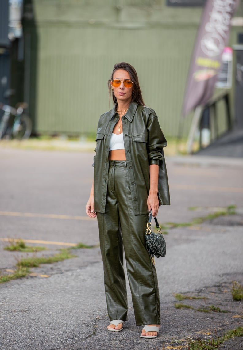 How to Wear Leather Pants, green leather cropped pants and print blouse