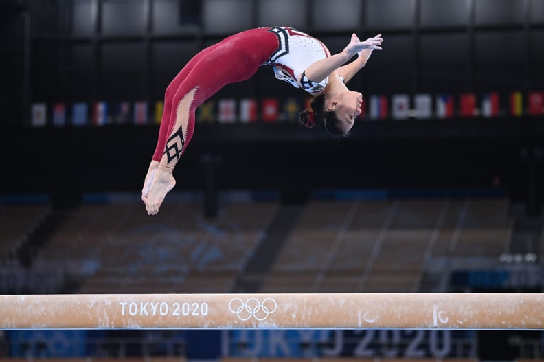 German Gymnast Kim Bui Wears a Unitard on Beam During Women's Tokyo Olympics Qualification
