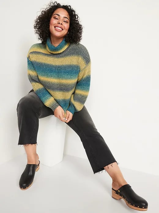 Striped Shaker-Stitch Turtleneck Sweater