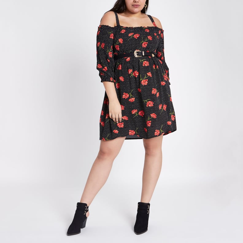 River Island Black Floral Spot Print Bardot Dress