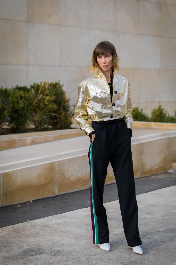 Mix a Glamorous Metallic Piece With Sporty Trousers