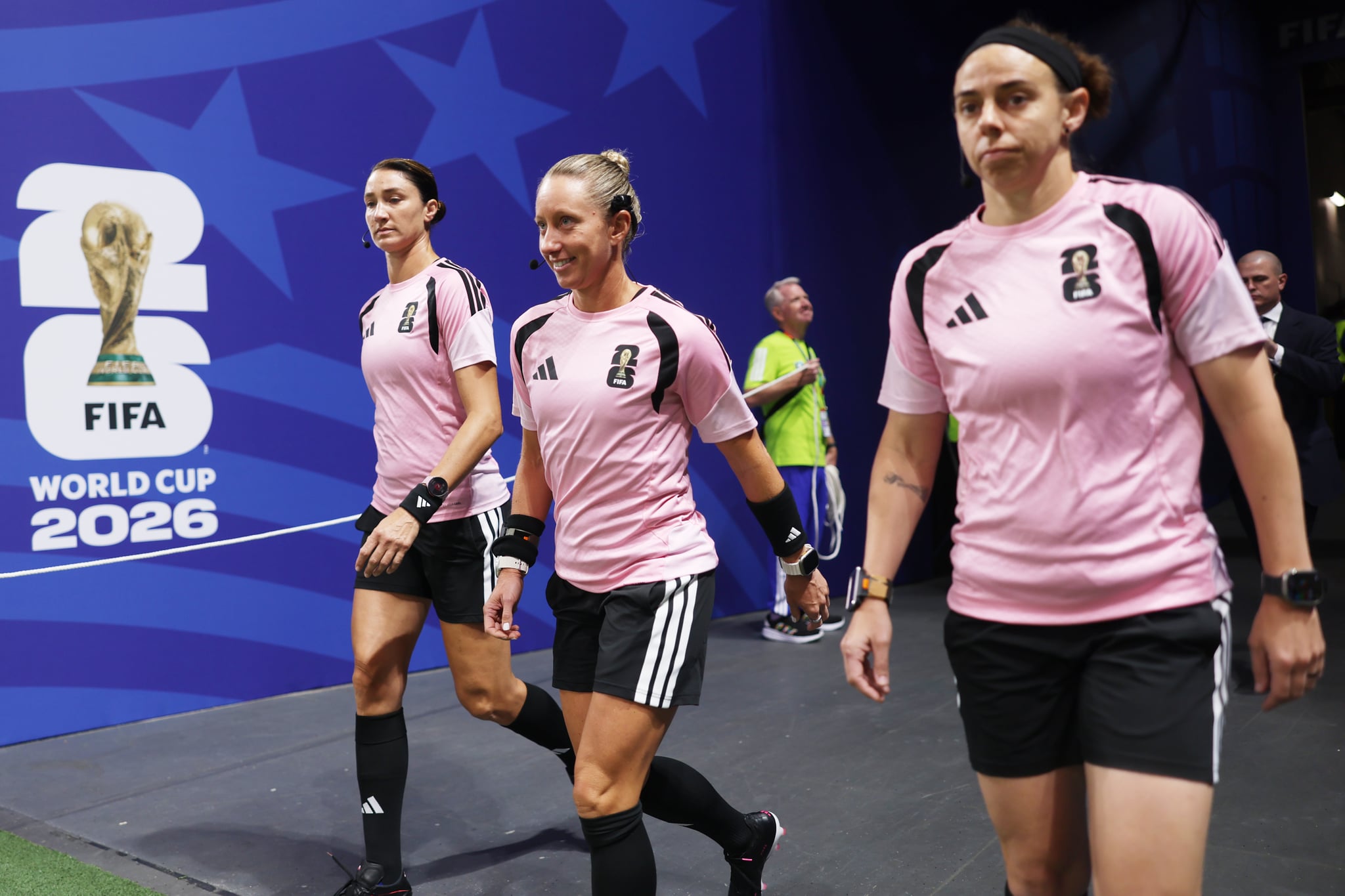 Referee Tori Penso and assistant referee Brooke Mayo walk out of the tunnel for warm ups before the FIFA World Cup 2026.