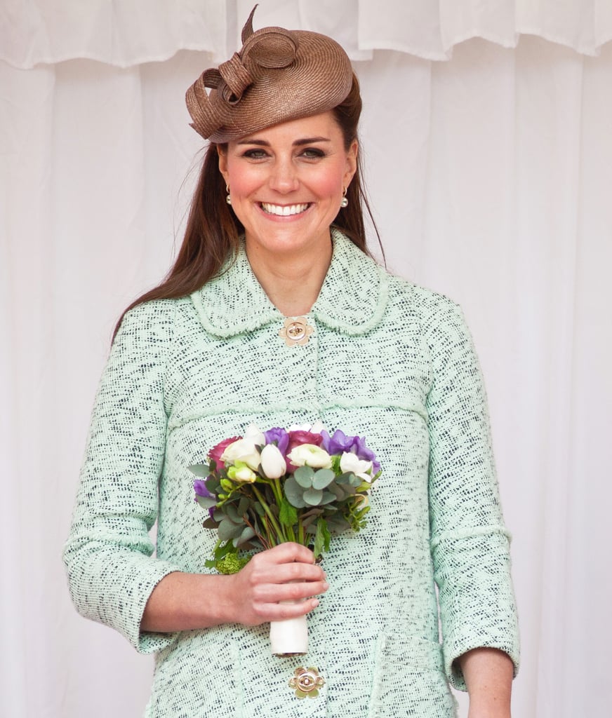 Attending the National Review of Queen's Scouts at Windsor Castle earlier this year, Kate looked stunning in a mint ensemble. She wore her classic blowout straight, with it pinned half up underneath her fascinator.