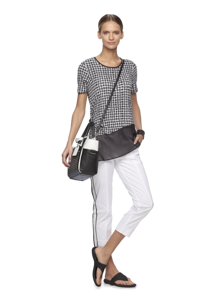 Asymmetrical Mesh Scuba Tank, Twill Cropped Pants ($54), and Atlantique Medium Convertible Satchel ($109)