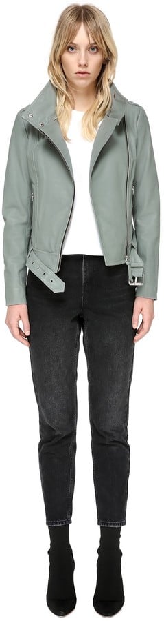 Mackage Hania Biker Style Leather Jacket With Belt In Sage