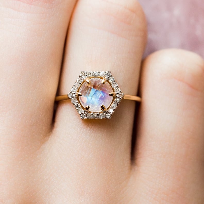 Solid Gold Moonstone and Diamond Hexagon Ring