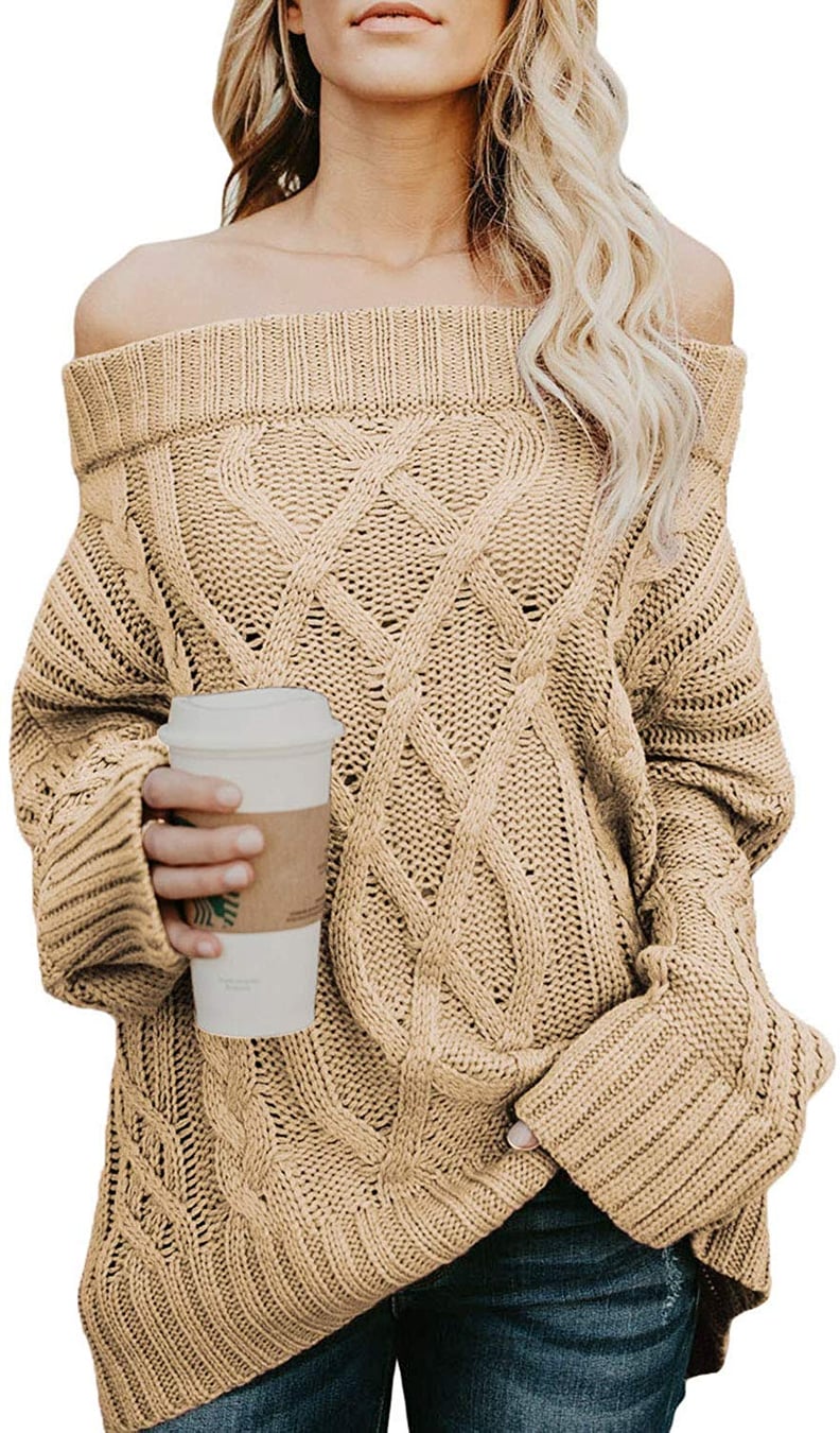 Astylish Knitted Off-the-Shoulder Oversized Sweater in Tan