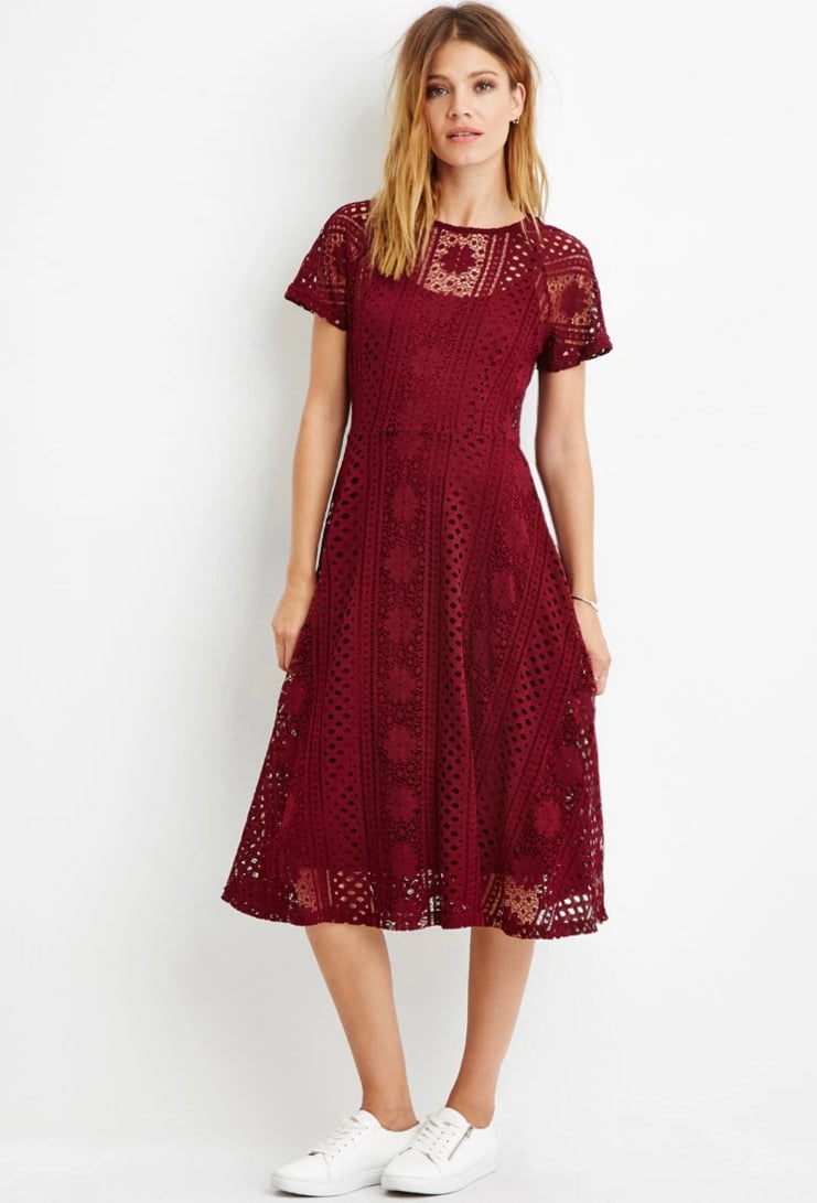Forever 21 Contemporary Floral Crochet Midi Dress in Burgundy