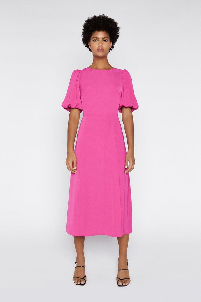 Warehouse Puff Sleeve V-back Midi Dress