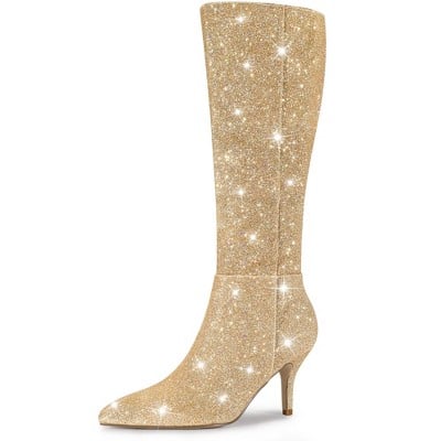 Allegra K Pointy Toe Sparkle Glitter Stiletto Heel Knee High Boots