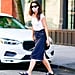 Katie Holmes Wears a Denim Skirt and Birkenstock Sandals