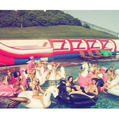 Taylor Swift can be seen planting a cute kiss on Calvin Harris while posing with her "swan squad."
