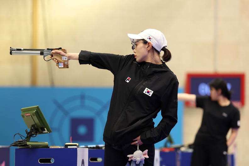 CHATEAUROUX, FRANCE - JULY 28: Kim Yeji of Team Republic of Korea shoots during the Women's 10m Air Pistol Final on day two of the Olympic Games Paris 2024 at Chateauroux Shooting Centre on July 28, 2024 in Chateauroux, France. (Photo by Charles McQuillan