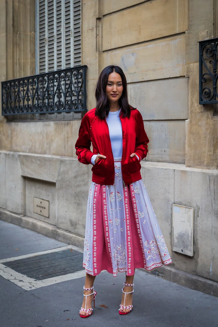 Wear a Bomber Jacket With a Pleated Skirt | Cold Weather Outfits ...