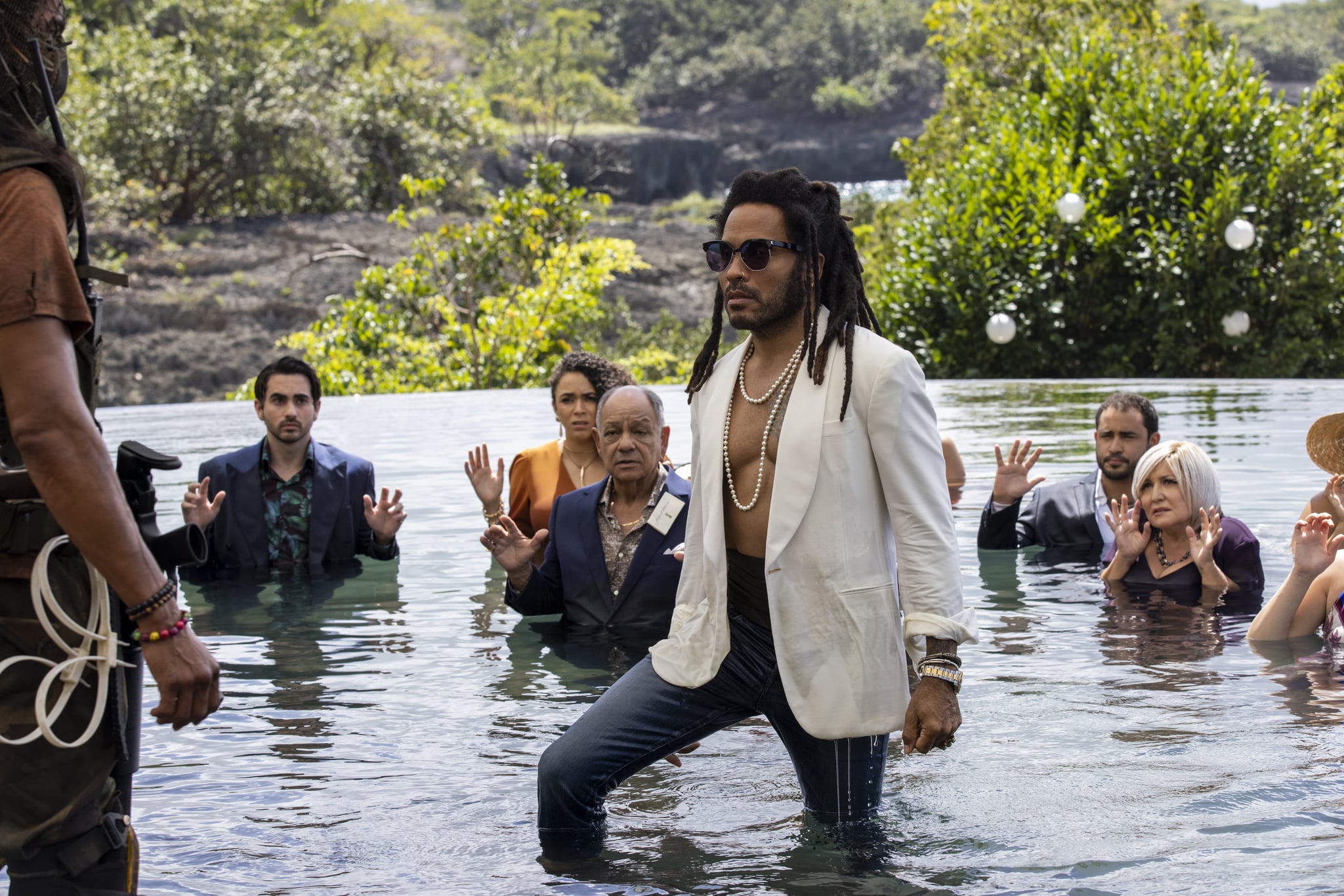 Cheech Marin as Robert Rivera and Lenny Kravitz as Sean Hawkins in Shotgun Wedding. Photo Credit: Ana Carballosa