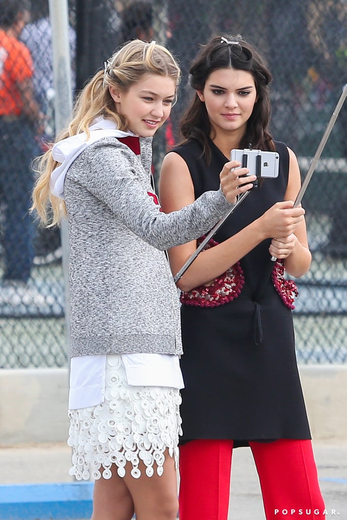 Kendall Jenner and Gigi Hadid took pictures with a selfie stick during a photo shoot in LA on Friday.