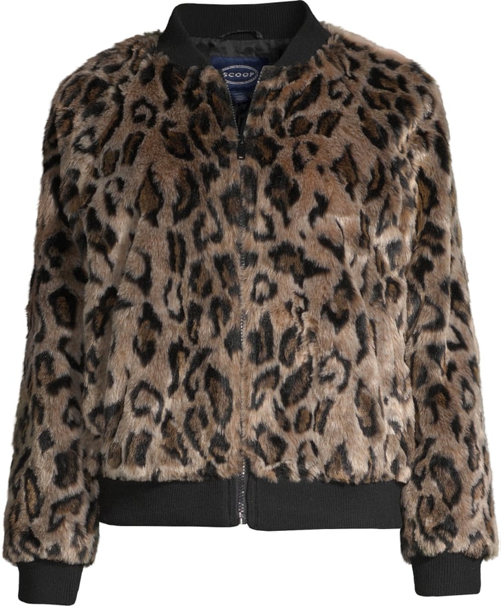 Scoop Faux Fur Leopard Knit Panel Zip Up Bomber Jacket