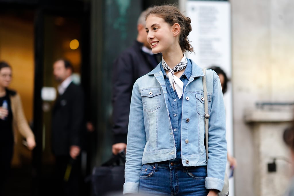 Level up a head-to-toe denim look with a chambray shirt and cute neck scarf.