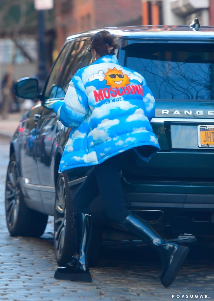 Irina Shayk Wearing a Cute Cloud-Print Moschino Puffer