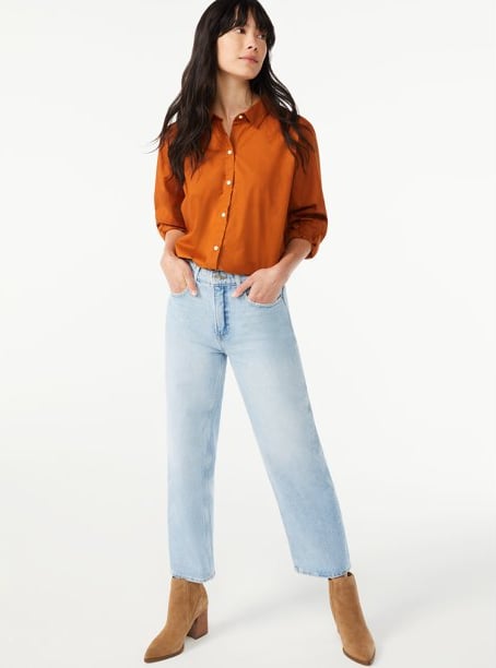 Free Assembly Women's Button-Front Blouse with Blouson Sleeves