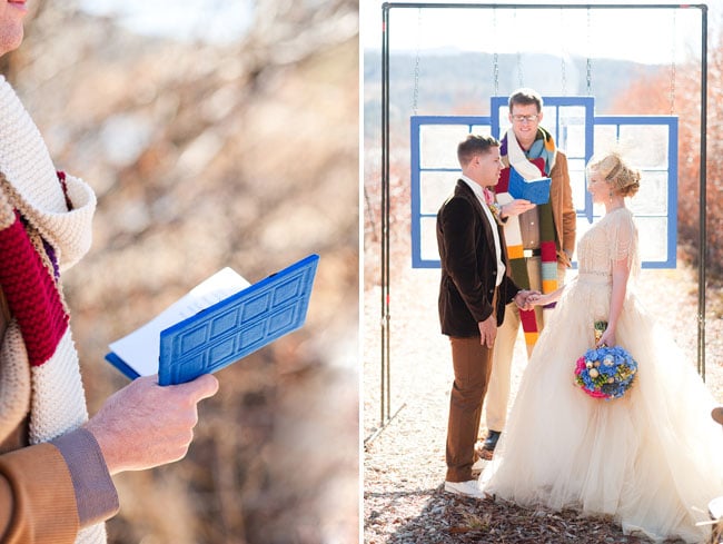 The Fourth Doctor scarf and River Song's journal make up the scenes in the vows ceremony. 
Source: Candice Benjamin Photography via Green Wedding Shoes