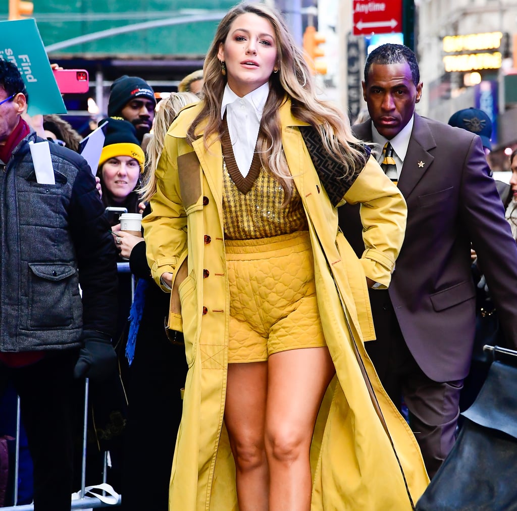 Blake Lively Wearing Yellow Fendi Shorts in the Winter Cold