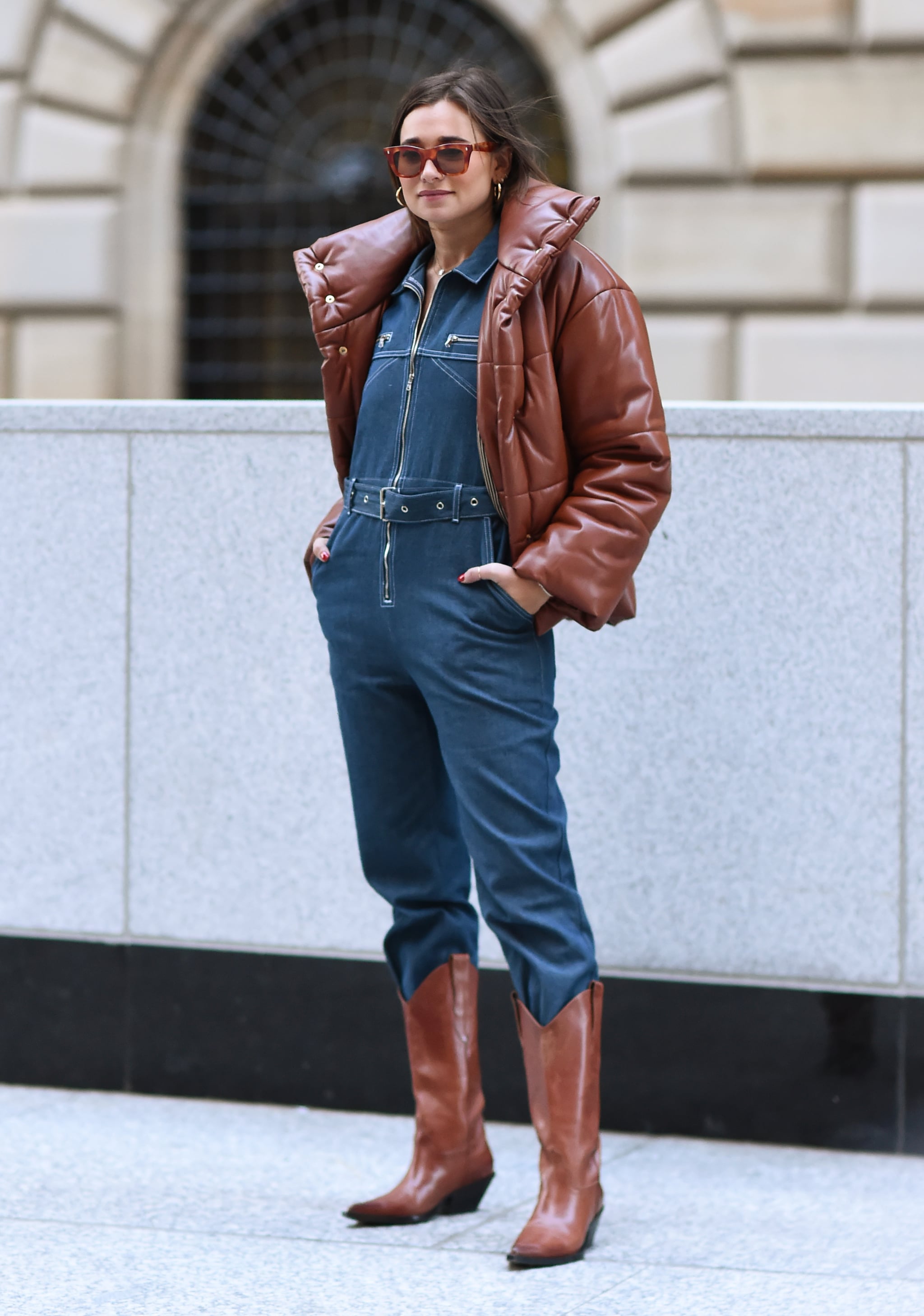 denim jumpsuit with boots