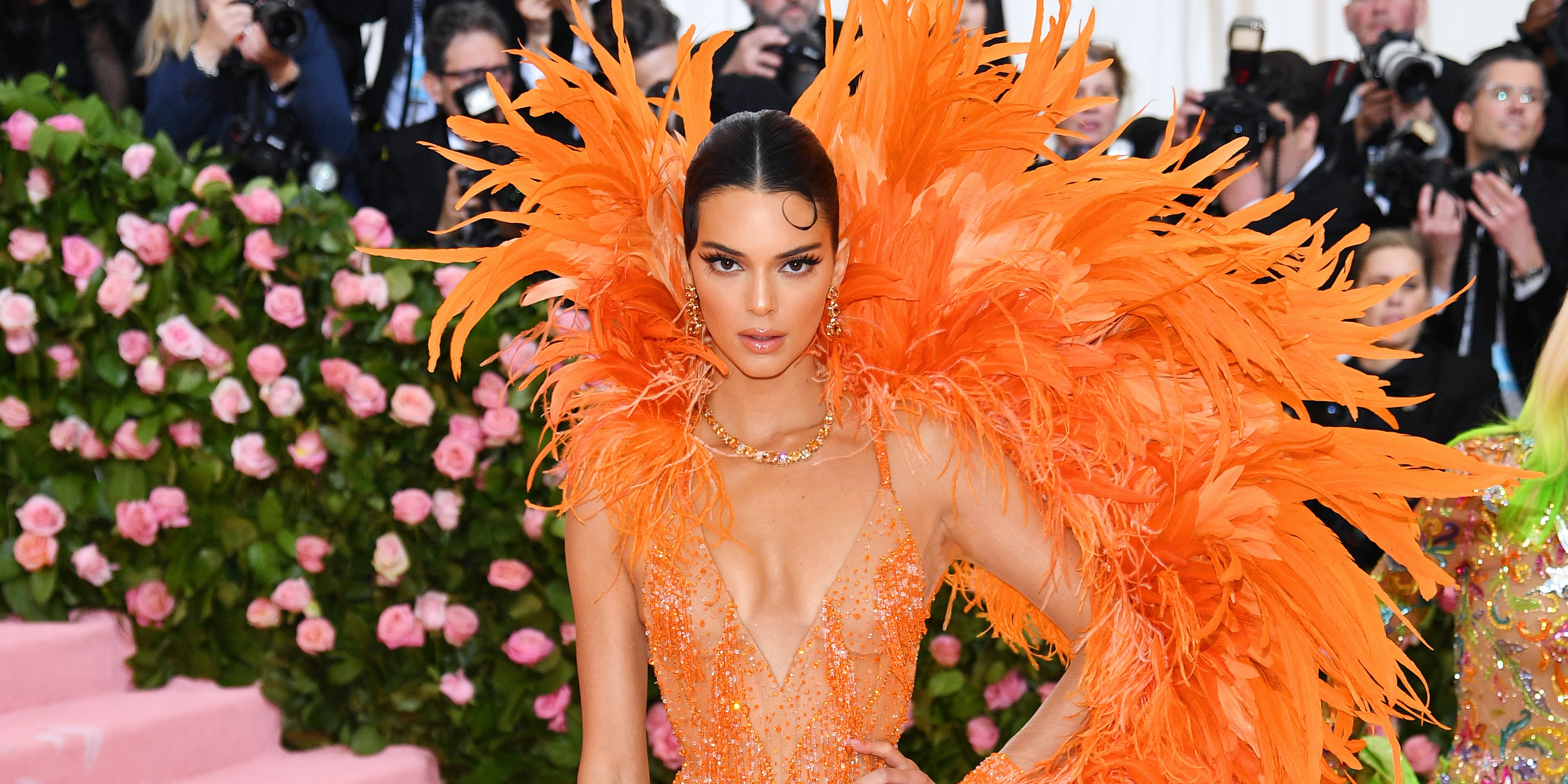 Met Gala 2019: Kendall Jenner showcases her statuesque figure in orange  feathered Versace gown