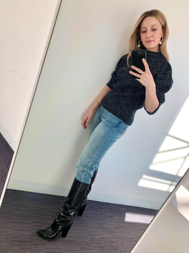 How I Styled My Straight-Leg Jeans: With a Sweater, Knee-High Boots, and Earrings