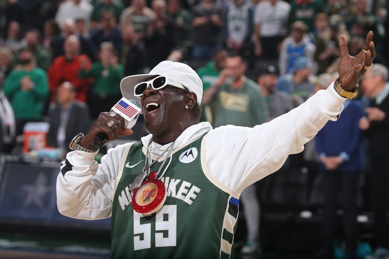 MILWAUKEE, WI - OCTOBER 29: Flava Flav sings the National Anthem before the Atlanta Hawks vs Milwaukee Bucks game on October 29, 2023 at the Fiserv Forum Center in Milwaukee, Wisconsin. NOTE TO USER: User expressly acknowledges and agrees that, by downloa