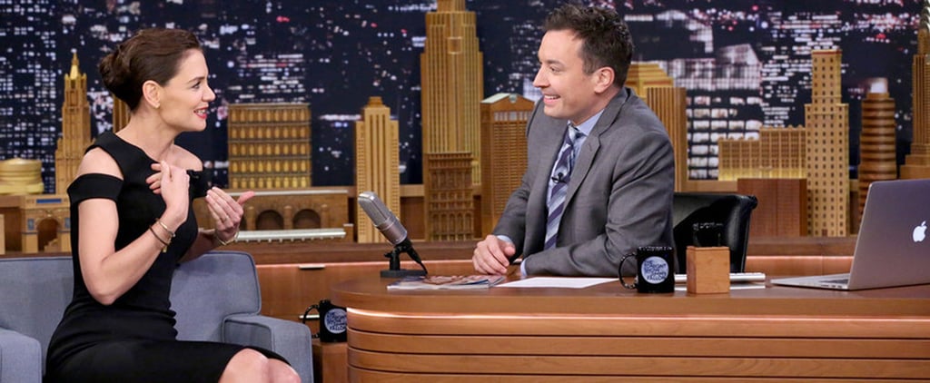 Katie Holmes Black Zac Posen Dress on Jimmy Fallon