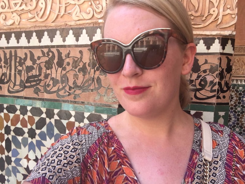 2 p.m: We head to the souks for a shopping trip. It's 110 degrees, and my pale skin is suffering! Though the souks themselves are in the shade, the surrounding streets and the Mosquée Ben Youssef that we visit on the way definitely are not. I can feel the sweat pooling, and I'm glad I have big sunglasses to hide any mascara smudges. But that lipstick, somehow, remains intact.