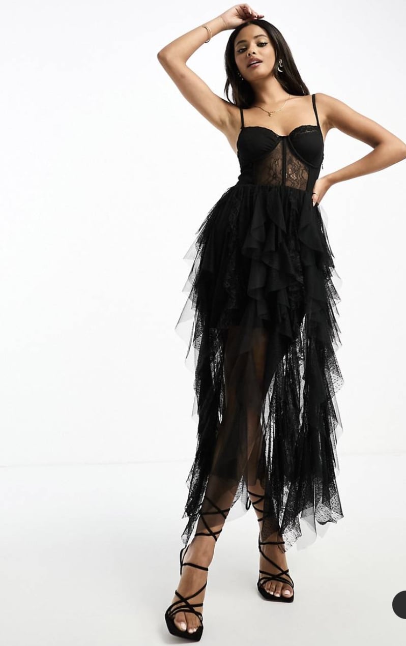 Miss Selfridge Bandeau Lace Detail Frill Maxi Dress ((£75)